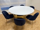 Matsalsgrupp, bord, vit laminat, runt, 6 stolar, sammet, metallben