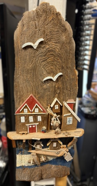 Trätavla, motiv fiskeläger, dekorativ, 5x22